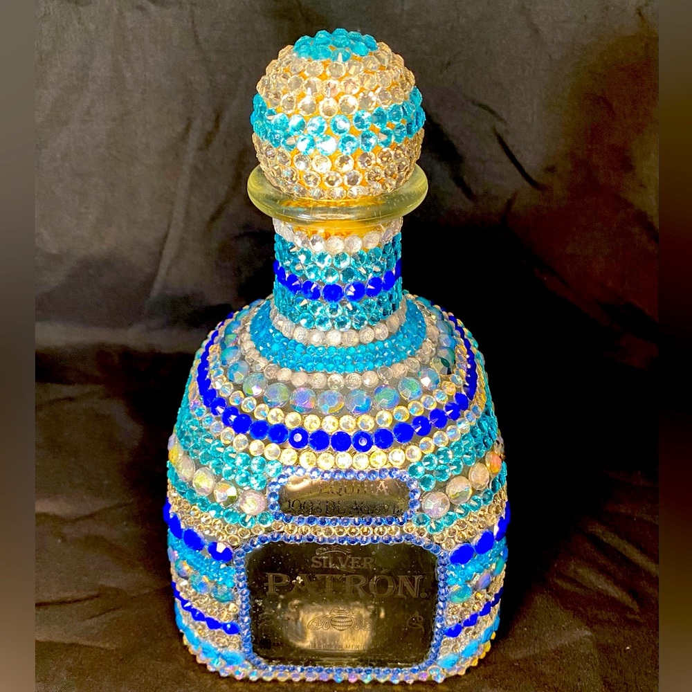 Blue Bedazzled Patrón bottle
Handmade